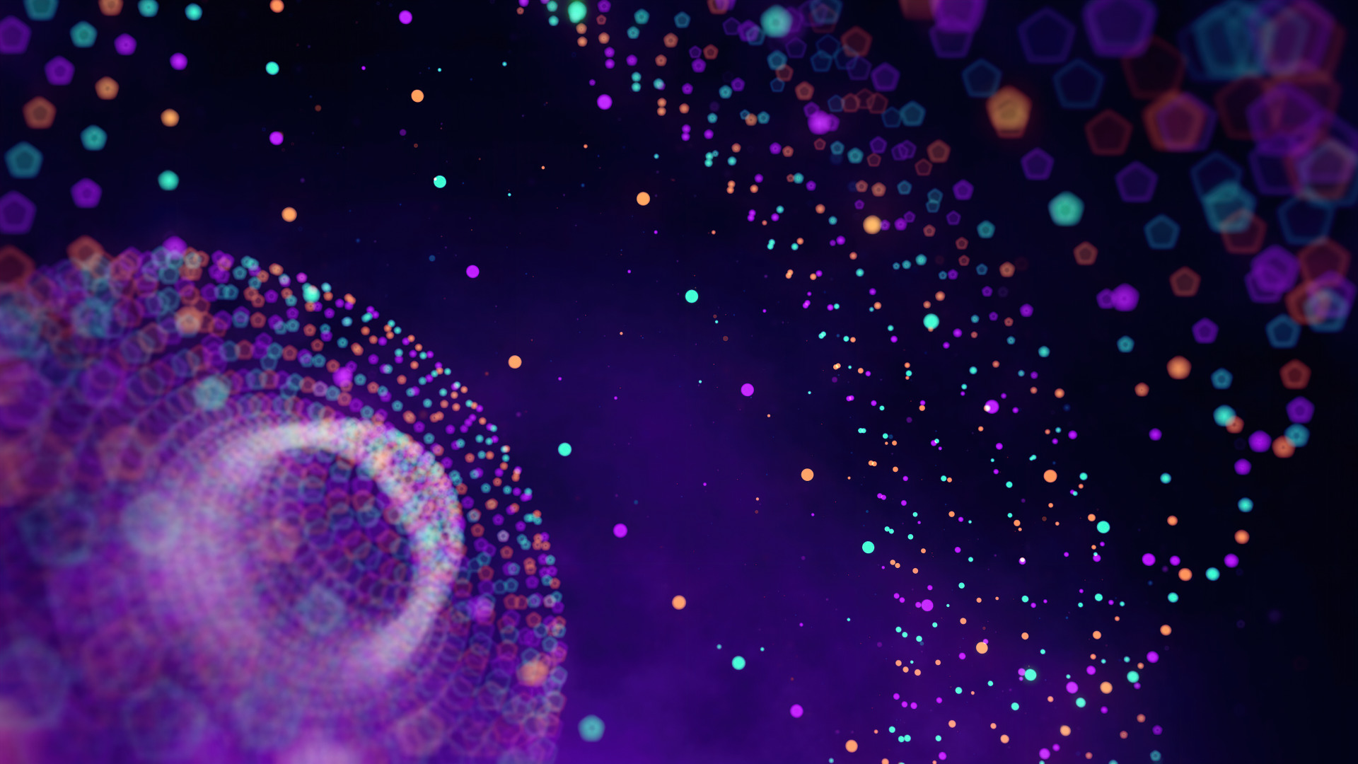 A purple image with multi-coloured dots