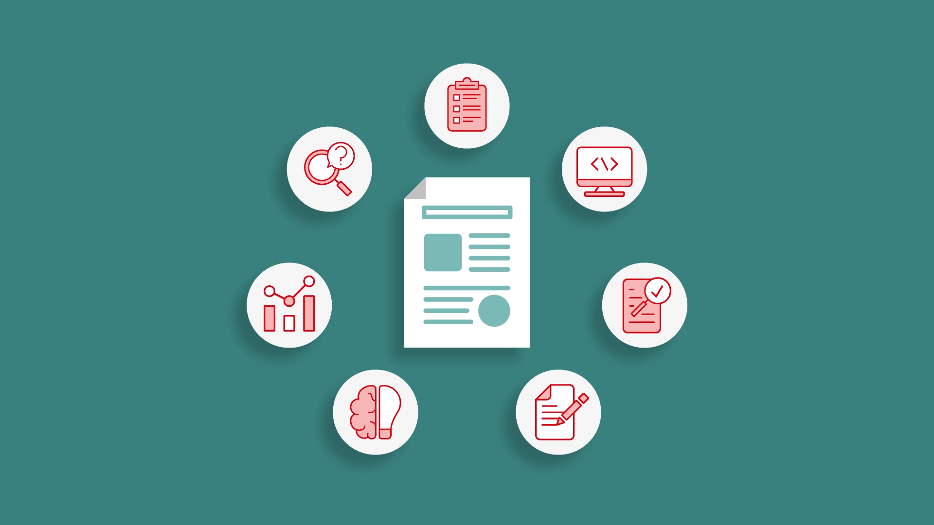A green background with an image of a paper with surrounding graphics relating to scientific research.