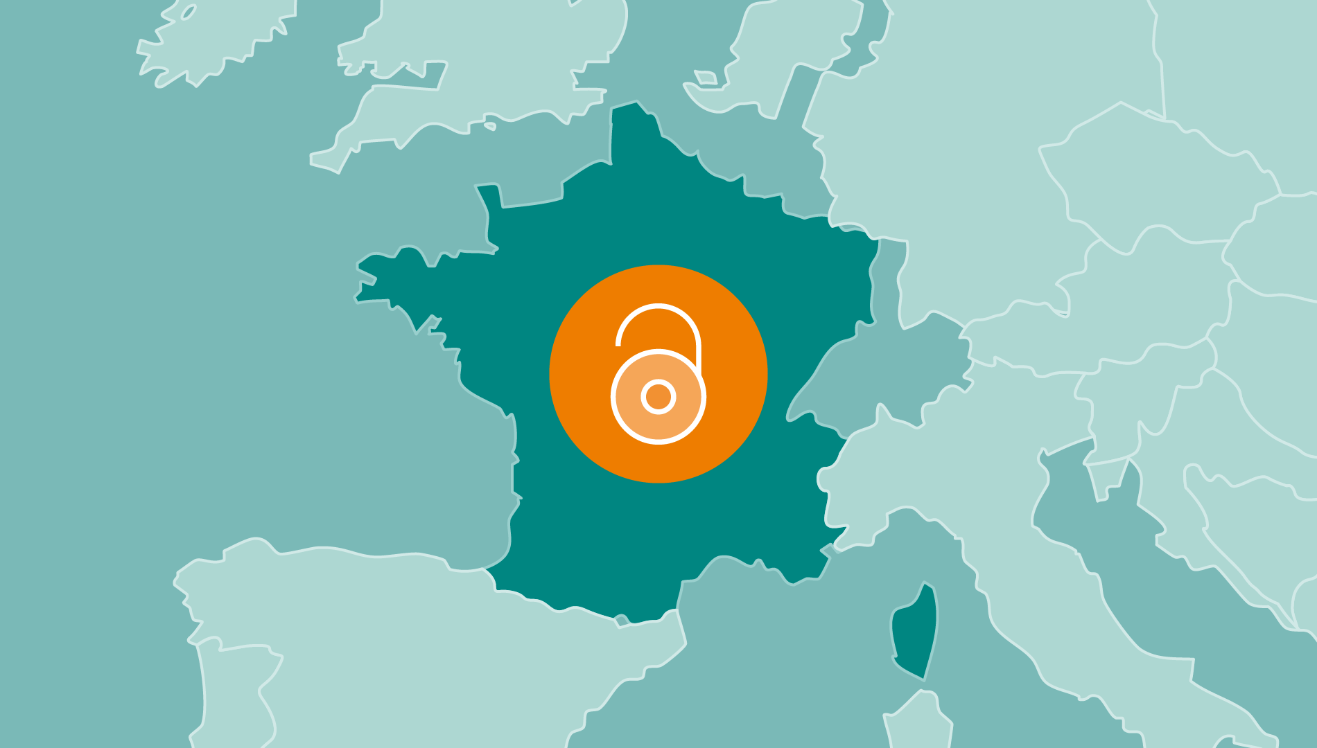 Map of France with an open padlock over the top, to represent IOP Publishing and Couperin's unlimited open access agreement