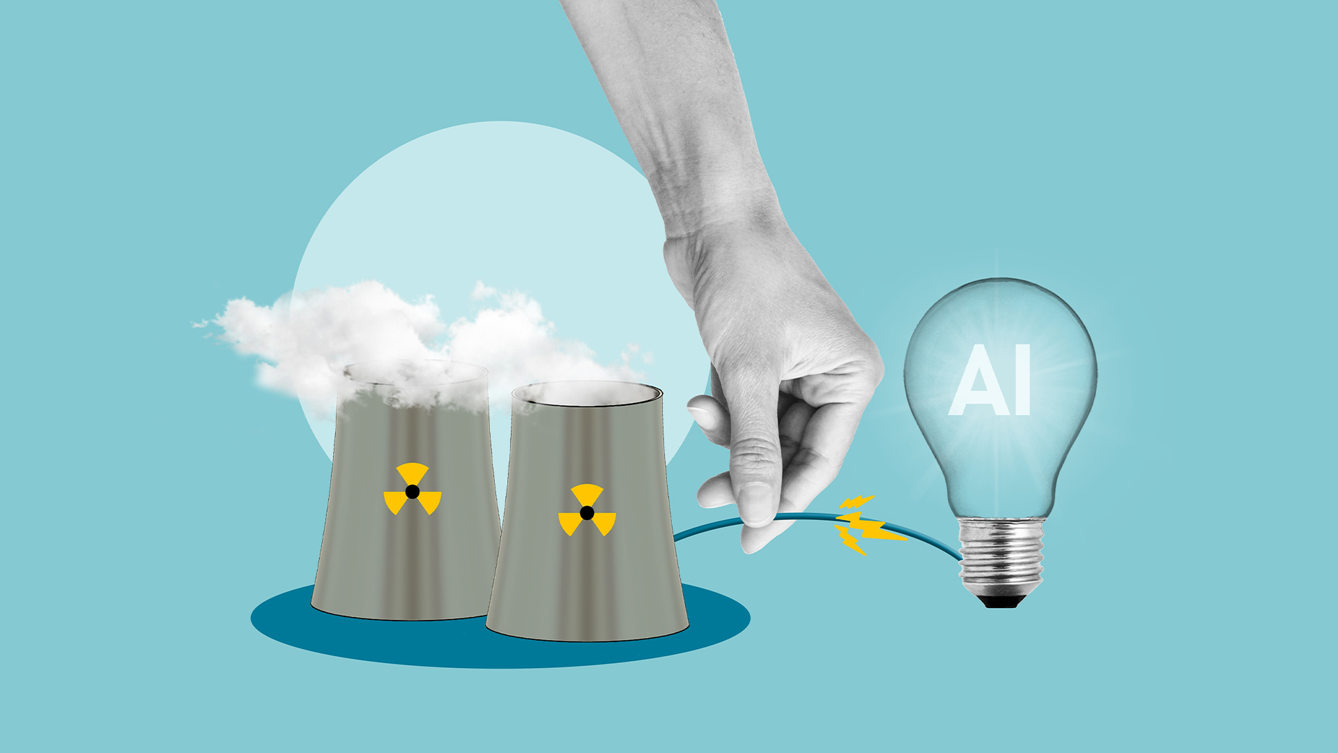 Illustration of a power plant connected to a lightbulb with 'AI' written inside it to symbolise the energy implications of AI usage.